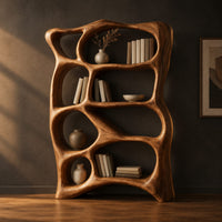 Tall bookshelf made of free form open cells with a sculpted outline in a dark studio against a charcoal plaster wall