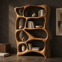 Corner detail of tall bookshelf made of free form open cells with a sculpted outline beside wood, brass and linen samples