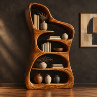 Tall free form wood bookshelf with a wavy outline and open shelves in a dark studio against a charcoal plaster wall