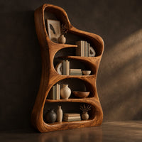 Tall free form wood bookshelf with a wavy outline and open shelves, three-quarter view showing the grain