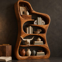 Corner detail of tall free form wood bookshelf with a wavy outline and open shelves beside wood, brass and linen samples