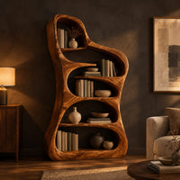 Tall free form wood bookshelf with a wavy outline and open shelves in a dark living room at golden hour