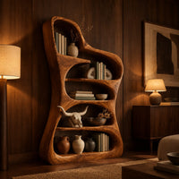 Tall free form wood bookshelf with a wavy outline and open shelves in an evening living room with walnut wall paneling