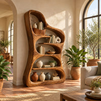 Tall free form wood bookshelf with a wavy outline and open shelves in a bright living room with arched windows and plants