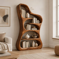 Tall free form wood bookshelf with a wavy outline and open shelves in a Scandinavian living room with white walls