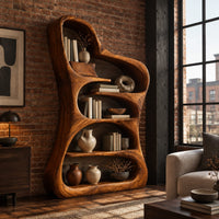 Tall free form wood bookshelf with a wavy outline and open shelves in an industrial loft living room with exposed brick