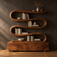 Bookshelf made from one winding ribbon of wood above a low four panel base in a dark studio against a charcoal plaster wall