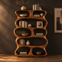 Tall sculpted bookshelf with stacked oval openings of mixed sizes in a dark studio against a charcoal plaster wall
