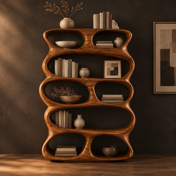 Bookshelf With Stacked Oval Openings Of Mixed Sizes