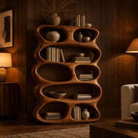 Tall sculpted bookshelf with stacked oval openings of mixed sizes in an evening living room with walnut wall paneling