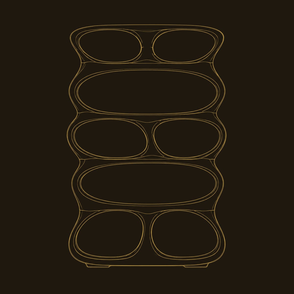 Bookshelf With Stacked Oval Openings Of Mixed Sizes dimension diagram