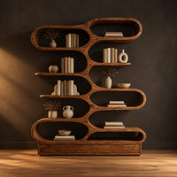 Bookshelf with staggered pill shaped open cubbies above a low base in a dark studio against a charcoal plaster wall