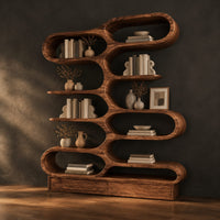 Bookshelf with staggered pill shaped open cubbies above a low base, three-quarter view showing the grain