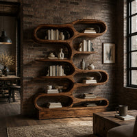 Bookshelf with staggered pill shaped open cubbies above a low base in an industrial loft living room with exposed brick