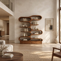 Bookshelf with staggered pill shaped open cubbies above a low base in a bright open plan living room