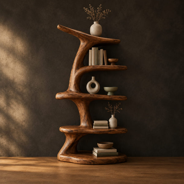 Bookshelf With Twisting Branch Like Trunk And Stacked Shelves