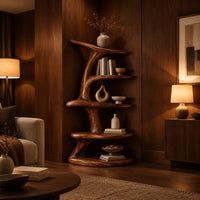 Asymmetrical bookshelf shaped like a twisting branch with stacked oval shelves in an evening living room with walnut wall paneling
