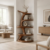Asymmetrical bookshelf shaped like a twisting branch with stacked oval shelves in a Scandinavian living room with white walls