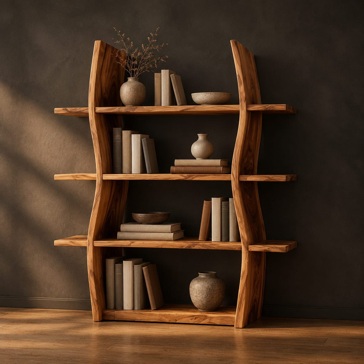 Wooden bookshelf with wavy side boards and four open shelves in a dark studio against a charcoal plaster wall