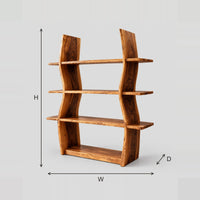 Bookshelf With Wavy Side Boards And Four Open Shelves dimension diagram with width, height and depth