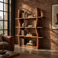 Wooden bookshelf with wavy side boards and four open shelves in an industrial loft living room with exposed brick