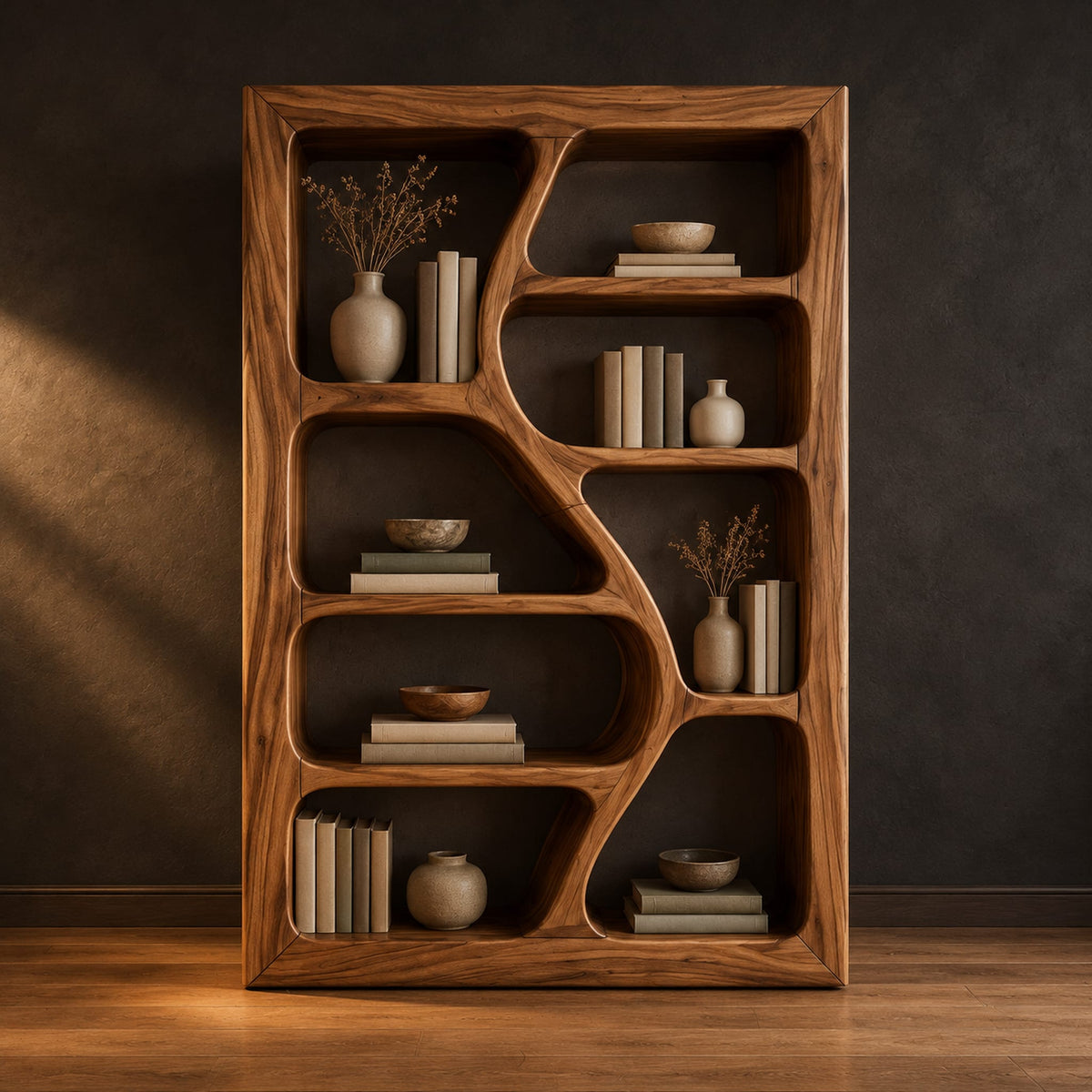Freeform bookshelf with winding dividers and open cubbies in a thick frame in a dark studio against a charcoal plaster wall