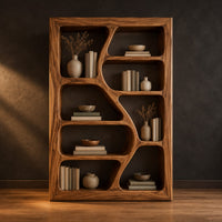 Freeform bookshelf with winding dividers and open cubbies in a thick frame in a dark studio against a charcoal plaster wall