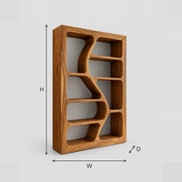 Bookshelf With Winding Dividers And Irregular Open Cubbies dimension diagram with width, height and depth