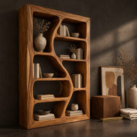 Corner detail of freeform bookshelf with winding dividers and open cubbies in a thick frame beside wood, brass and linen samples