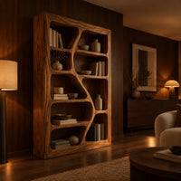 Freeform bookshelf with winding dividers and open cubbies in a thick frame in an evening living room with walnut wall paneling