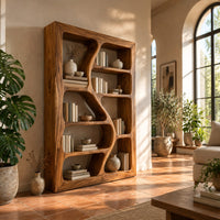 Freeform bookshelf with winding dividers and open cubbies in a thick frame in a bright living room with arched windows and plants