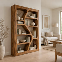 Freeform bookshelf with winding dividers and open cubbies in a thick frame in a Scandinavian living room with white walls