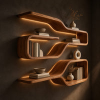 Three looped wood shelf frames that narrow like bottle necks, three-quarter view showing the grain