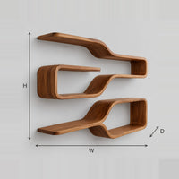 Bottle Neck Loop Wall Shelves With Three Curved Open Frames dimension diagram with width, height and depth