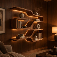Three looped wood shelf frames that narrow like bottle necks in an evening living room with walnut wall paneling
