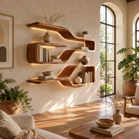 Three looped wood shelf frames that narrow like bottle necks in a bright living room with arched windows and plants