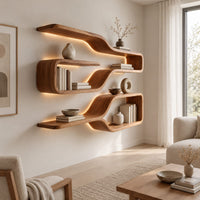 Three looped wood shelf frames that narrow like bottle necks in a Scandinavian living room with white walls