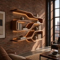 Three looped wood shelf frames that narrow like bottle necks in an industrial loft living room with exposed brick