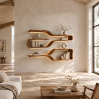 Three looped wood shelf frames that narrow like bottle necks in a bright open plan living room
