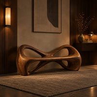 Bow tie bench with two large open loops and a thick smooth frame in an evening entryway with walnut wall paneling