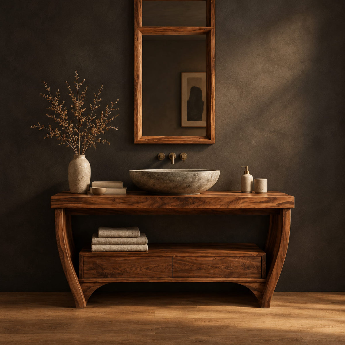 Wooden bathroom vanity on bowed legs with an open lower shelf in a dark studio against a charcoal plaster wall