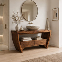 Wooden bathroom vanity on bowed legs with an open lower shelf in a Scandinavian bathroom with white walls