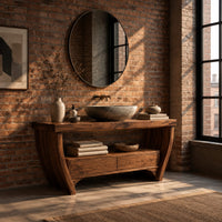 Wooden bathroom vanity on bowed legs with an open lower shelf in an industrial loft bathroom with exposed brick