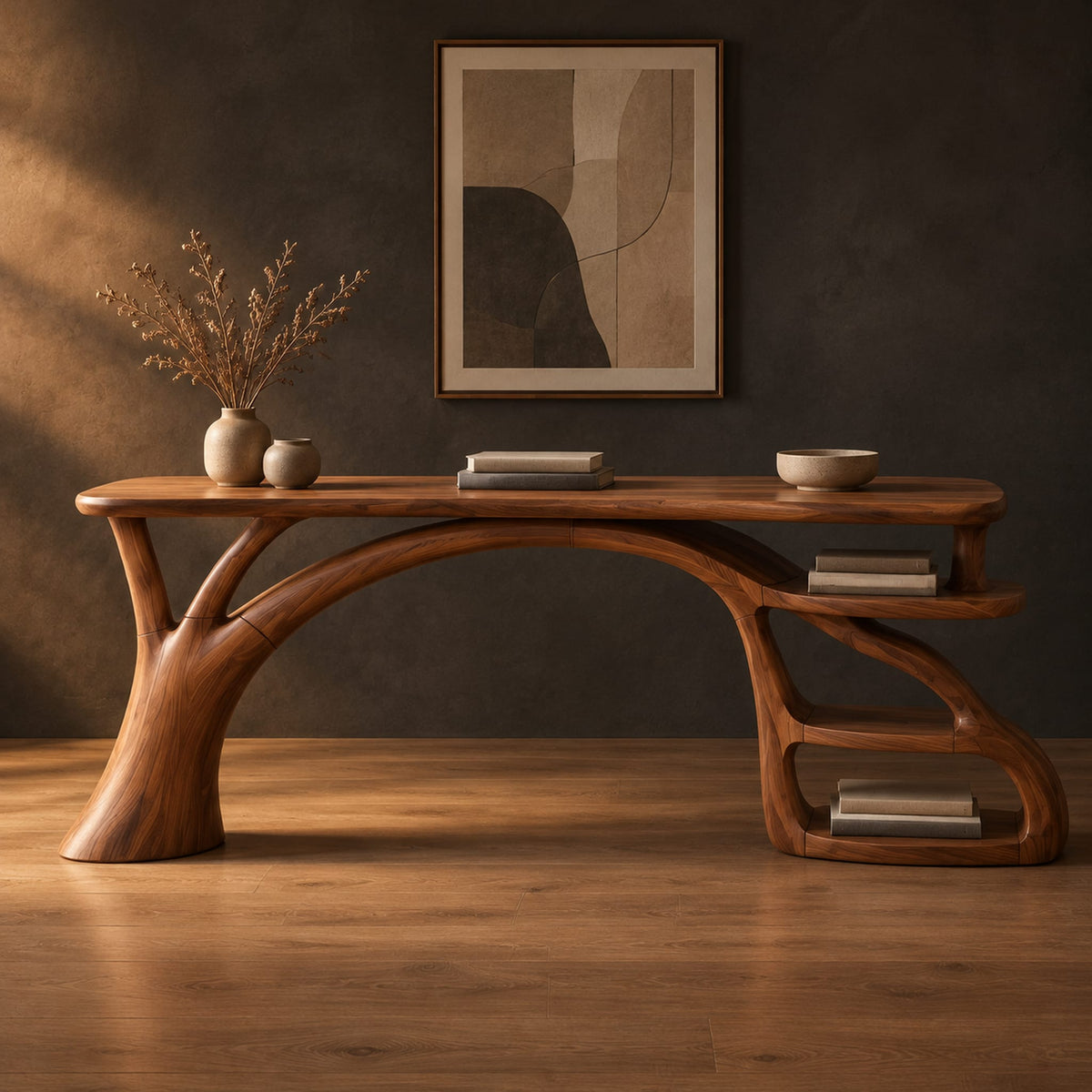 Desk with an arched branch leg and open shelf loops at one end in a dark studio against a charcoal plaster wall