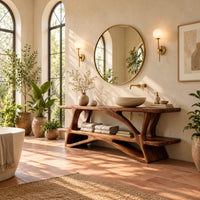 Bathroom vanity on a branching wood base with a plank top and low shelf in a bright bathroom with arched windows and plants