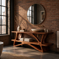 Bathroom vanity on a branching wood base with a plank top and low shelf in an industrial loft bathroom with exposed brick