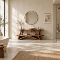 Bathroom vanity on a branching wood base with a plank top and low shelf in a bright open plan bathroom