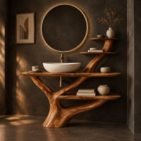 Branching trunk base bathroom vanity with tiered side shelves, three-quarter view showing the grain