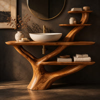 Corner detail of branching trunk base bathroom vanity with tiered side shelves beside wood, brass and linen samples