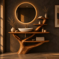 Branching trunk base bathroom vanity with tiered side shelves in a dark bathroom at golden hour